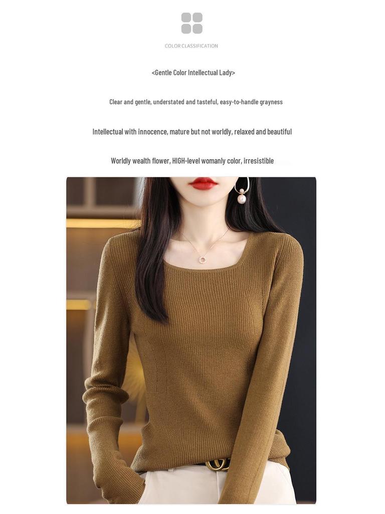 2025 Slim Fit Women's Square Neck 100% Wool Sweater - Thin U-neck Base Layer Top