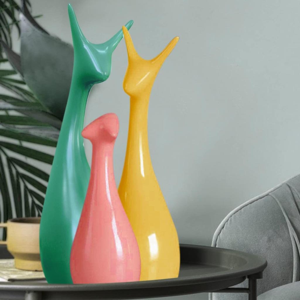 Home Décor Lucky Deer Family Set | Piano Finish Ceramic Figures - (Set of 3 Yellow, Pink, LightGreen)