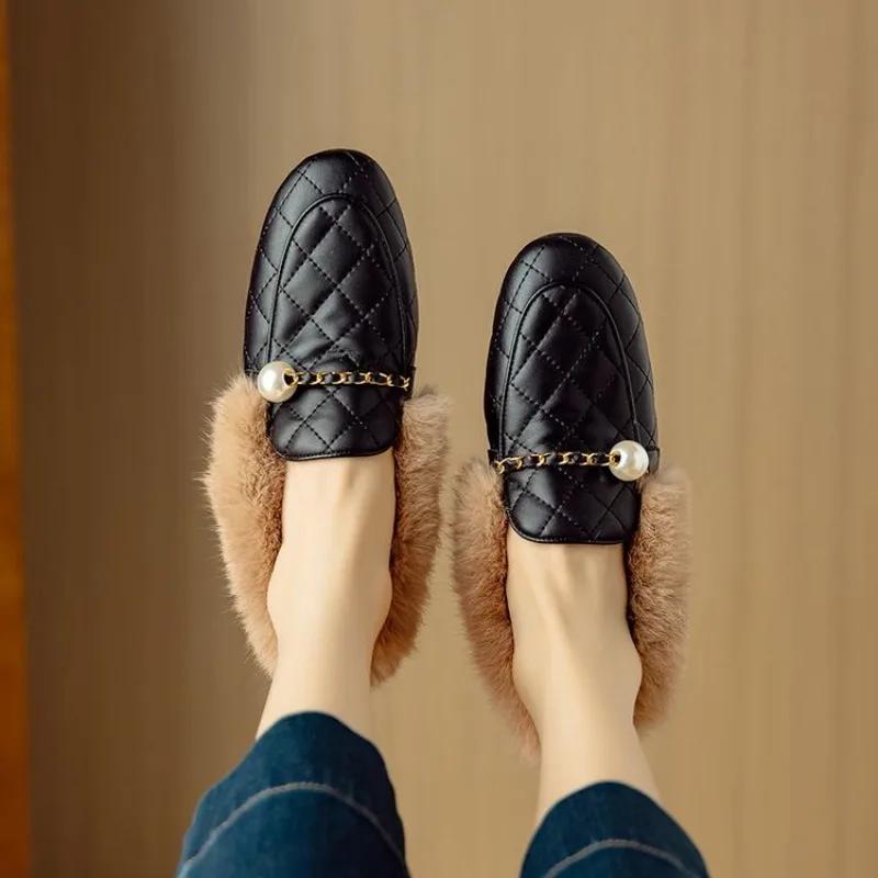 Fashion New Black Brown Autumn Winter Plush Warm Casual Shoes Women's Fashionable and Comfortable Low Heeled Cowhide Warm Cotton Shoes