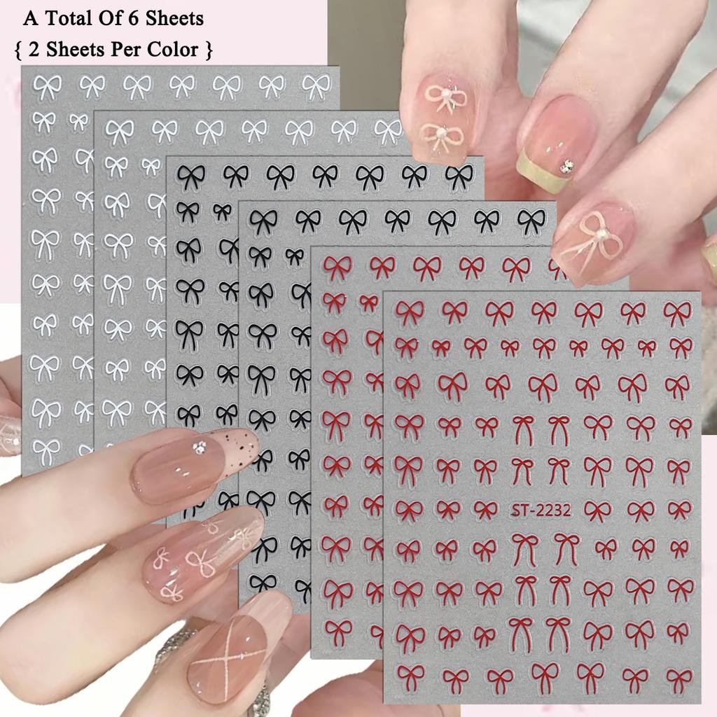 2 To 30 Sheets Transparent Bow Nail Stickers 3D White Pink Black Gold Lace Ribbon Nail Art Decals for DIY Manicure