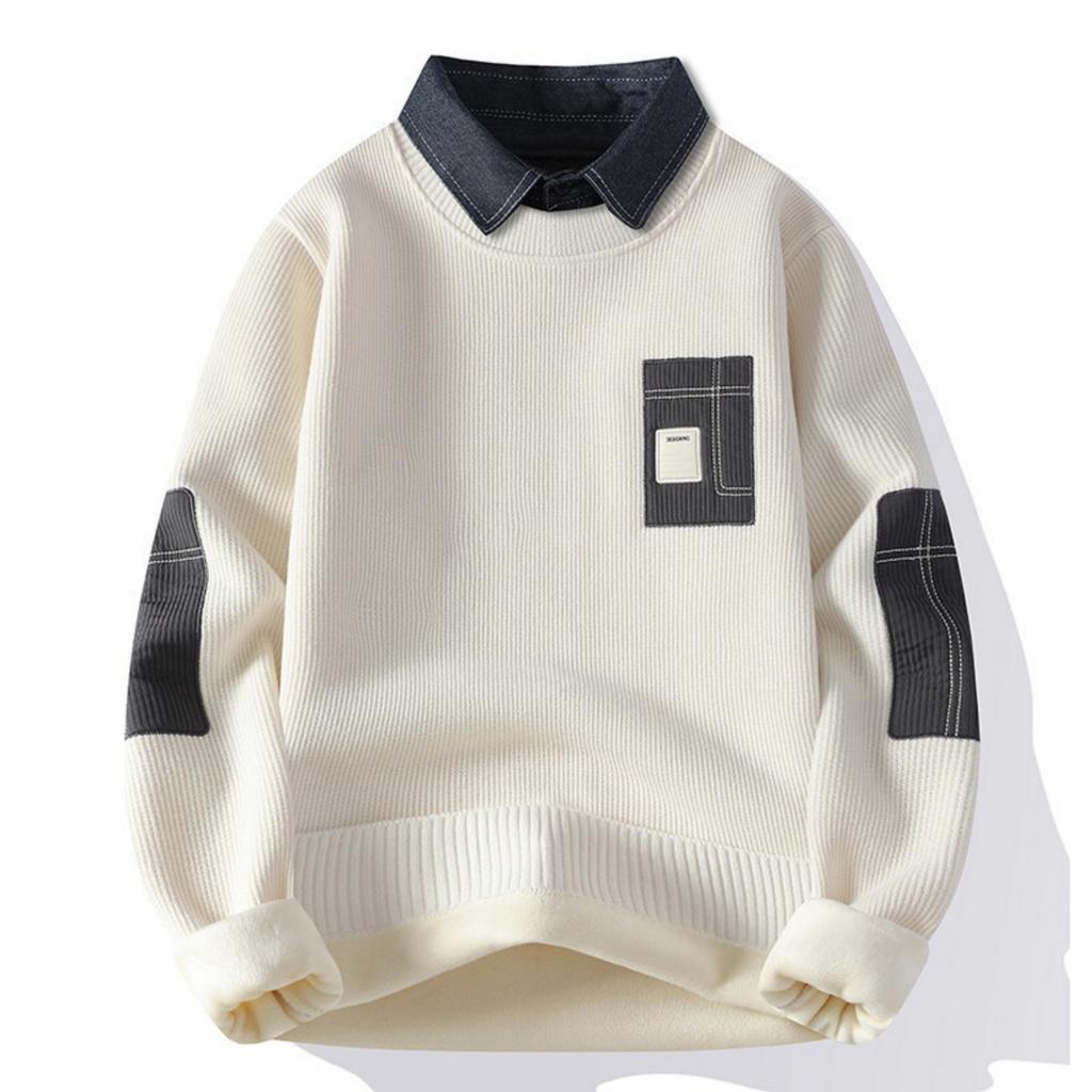 Men's Casual Patchwork Fake Two-piece Knitted Inner Layer Sweater, Men's Fleece Warm Lapel Sweater