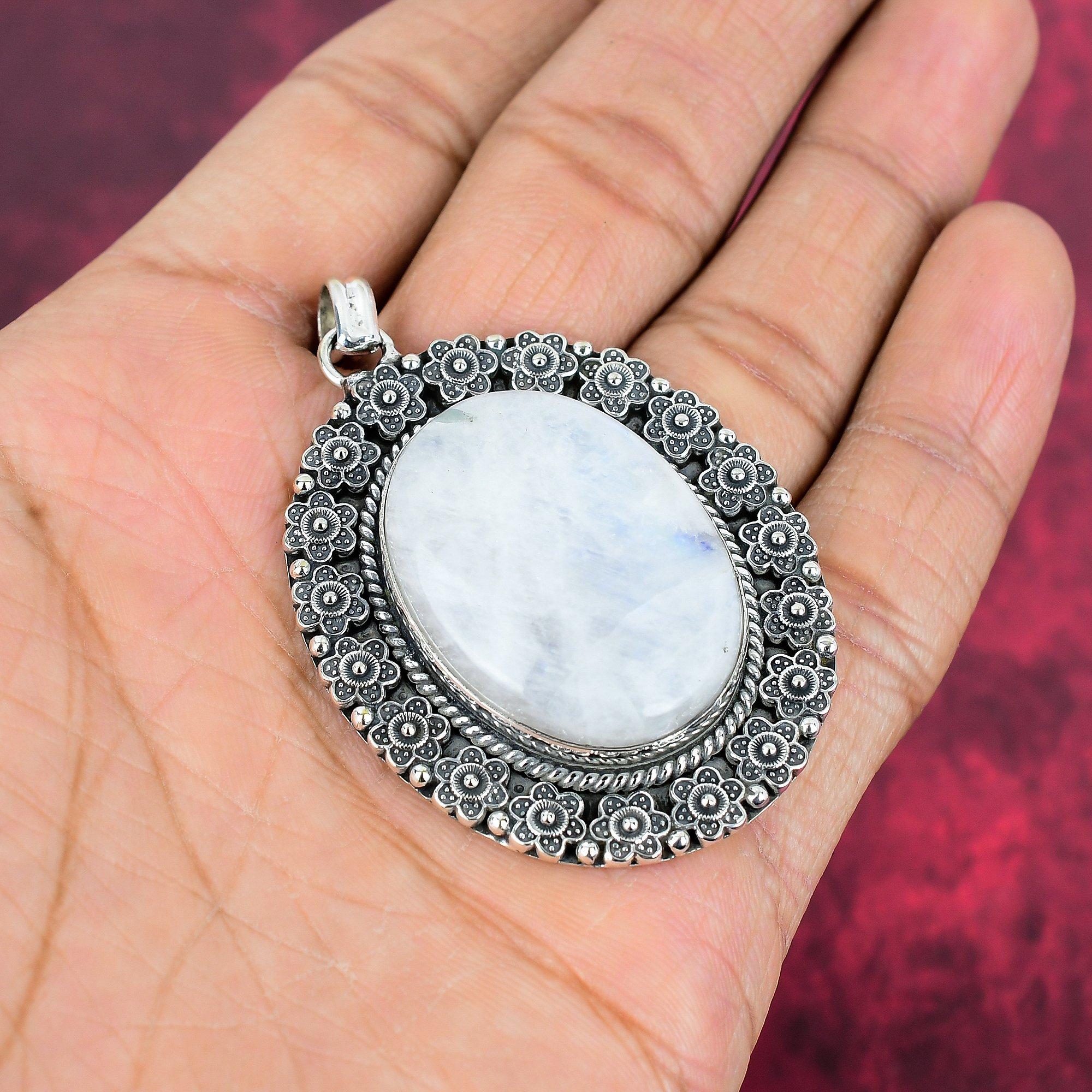 

Ювелирные изделия из стерлингового серебра 925 пробы с радужным лунным камнем, очаровательная подвеска с драгоценным камнем, серебряные украшения ручной работы класса AAA+ для свадебного подарка 2.36 Inches белый