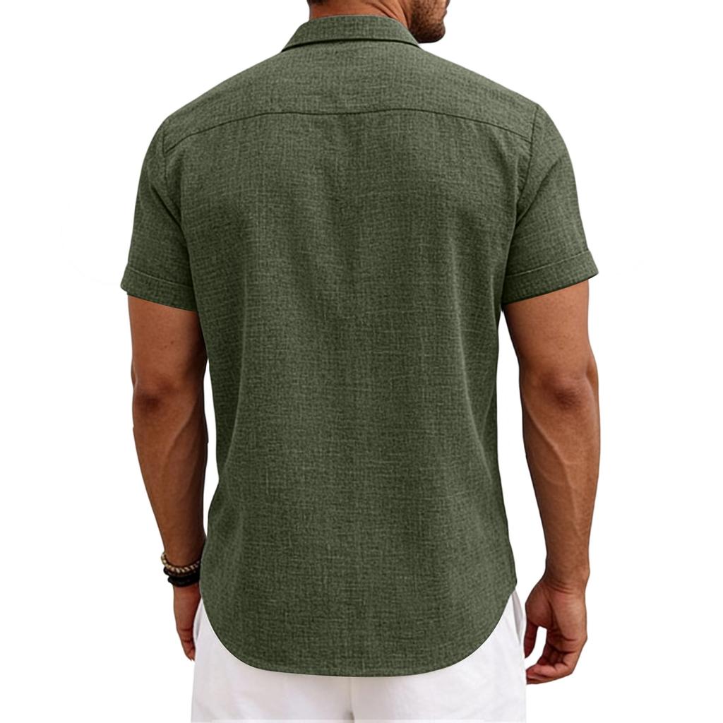 Men's Casual -color Loose Short-sleeved T-shirt Shirt - Men's Cotton And Linen Collar Short-sleeved Top