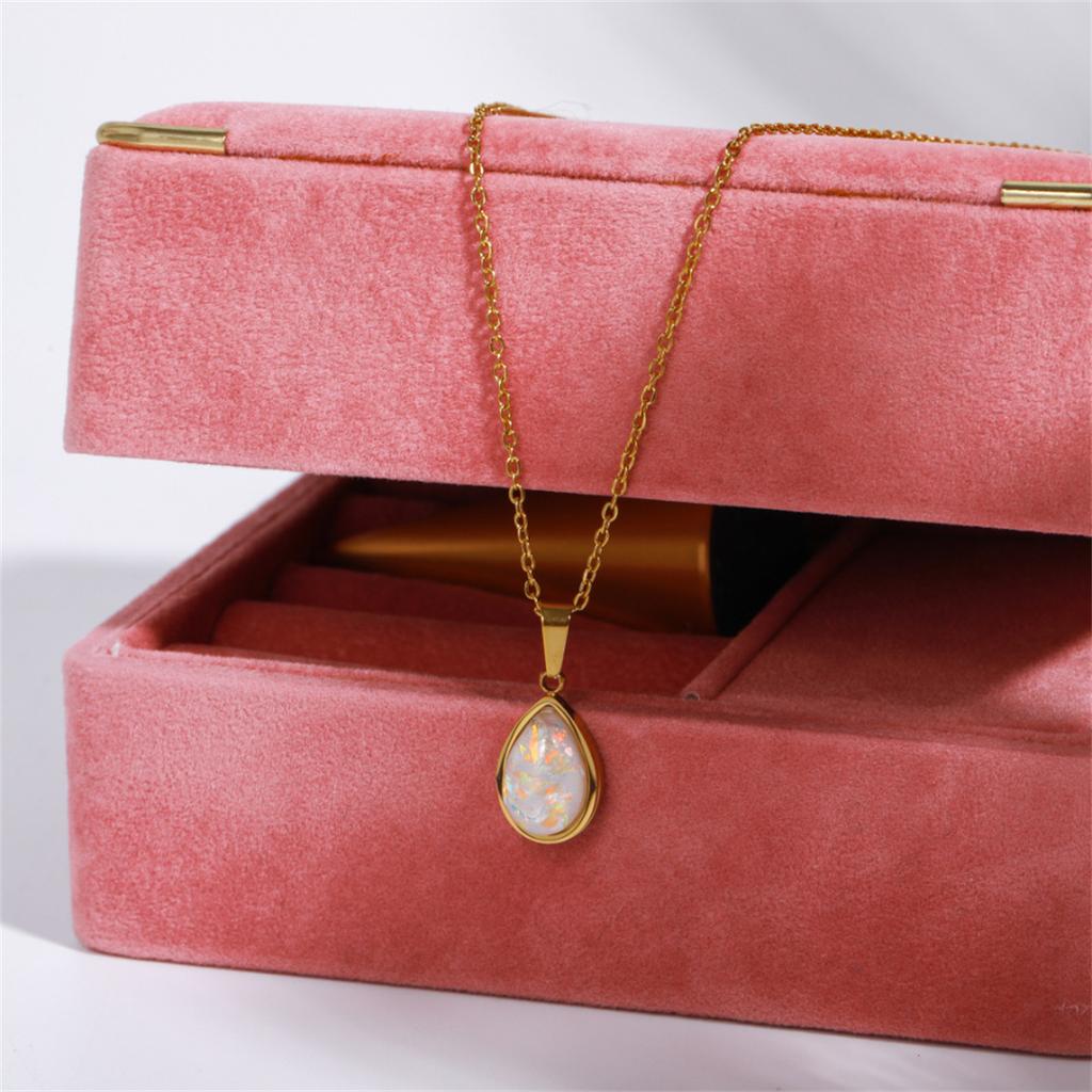 Water droplet pendant necklace, stainless steel inlaid with imitation opal, opal pendant, sweater chain, gold-plated