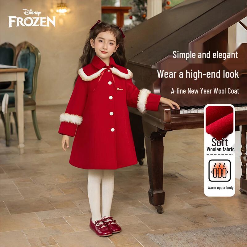 Disney Girls' Mid-Length Red Wool Blend Coat with Detachable Cape