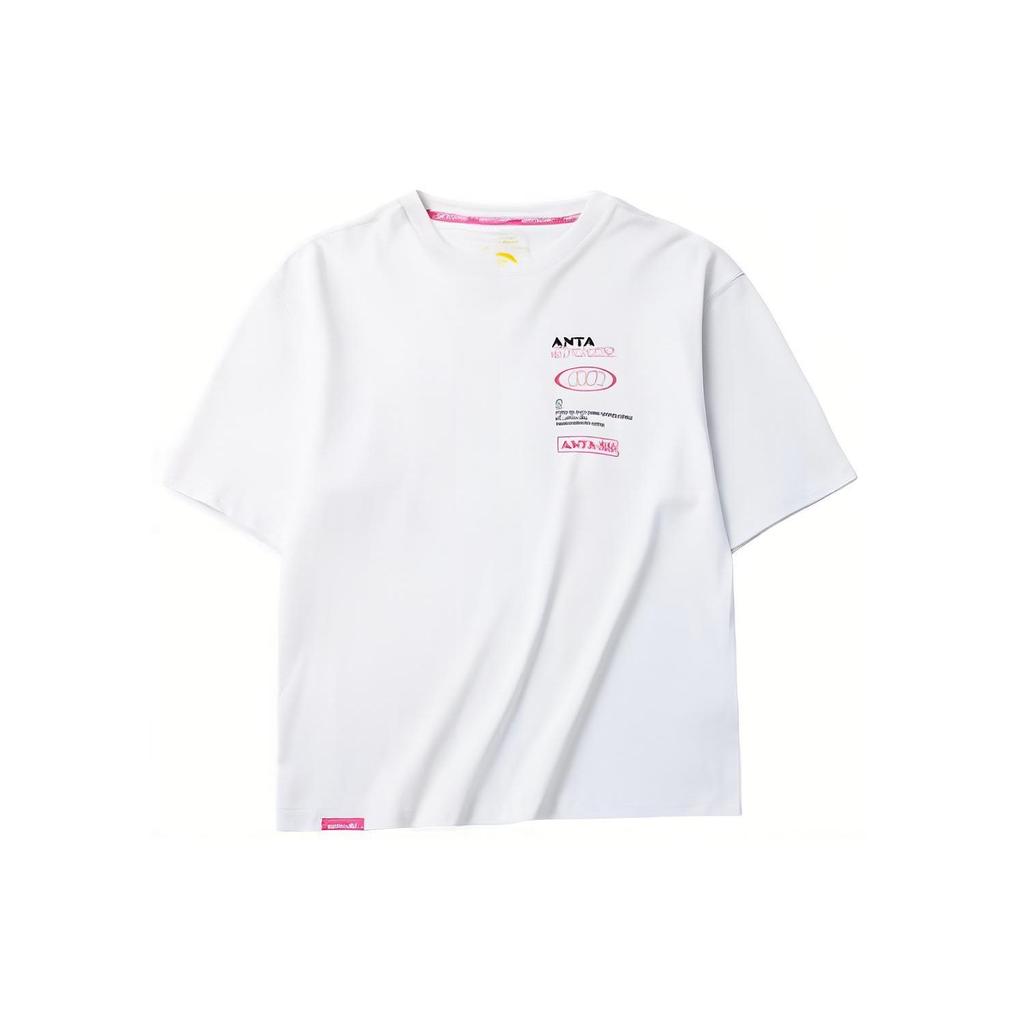 Anta Lifestyle Series Logo Print Letter Round Neck Pullover Short Sleeve T-Shirt Women Tops Snow-White 162218106-1