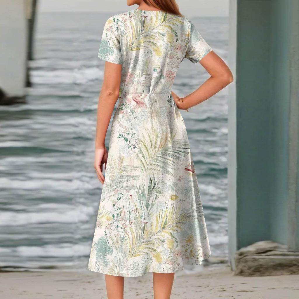 Women's Summer Casual Fashion Print Pocket Short Sleeve V-Neck Swing Dress