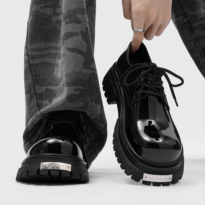 Fashion Men‘S Derby Boots Short Ankle Boots Patent Leather Chunky Sole Anti-Slip Comfortable British Style Luxury Casual Shoes