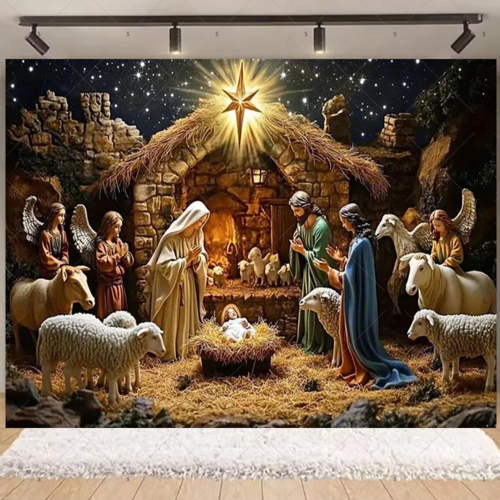 Nativity Scene Background Banner Starry Night Traditional Christmas Religious Jesus Backdrop Supplies Christmas Party Decoration