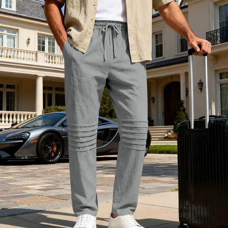 

Men s Linen Blend Casual Pants Elastic Waist Drawstring Trousers with Knee Pleat Detail XXXL сірий