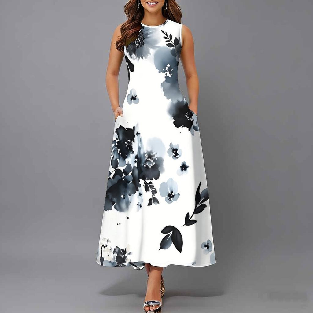 Women Plus Size Sleeveless Round Neck Dress Bright Tropical Flamingo Printed Loose Maxi Gown