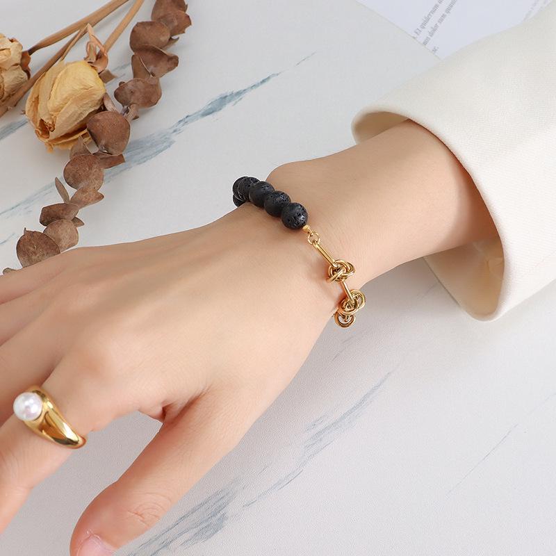 European Minimalist Titanium Steel Bracelet with Green Aventurine and Volcanic Rock Stone.