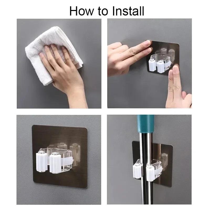 Adhesive Multi-Purpose Hooks Wall Mounted Mop Organizer Holder Storage Rack Brush Broom Hanger Hook Kitchen Bathroom Strong Hook