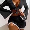 1011 New European and American Conservative Four-piece Set Solid Color Fringed Blouse Mesh Skirt Bikini Swimsuit Women