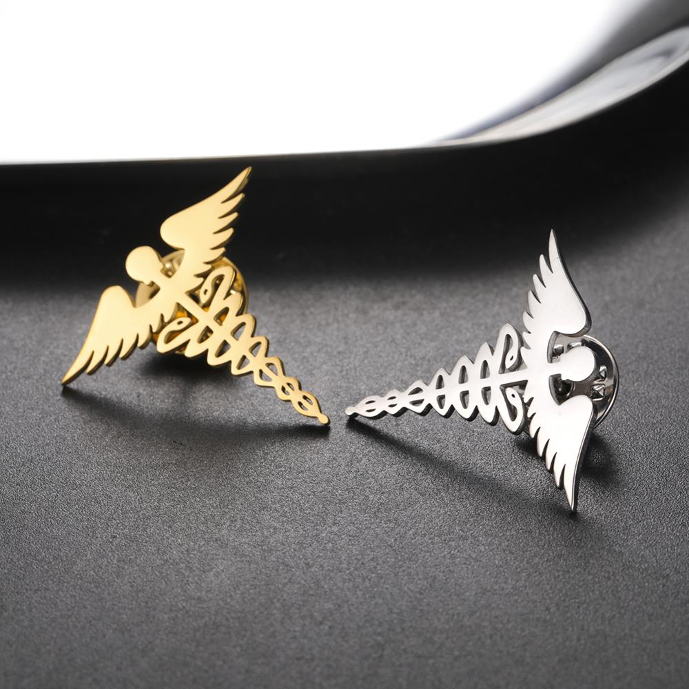 Dawapara Caduceus Symbol Brooch Pin Medical Symbol Accessories Travelers Talisman Graduation Gift Stainless Steel Jewelry