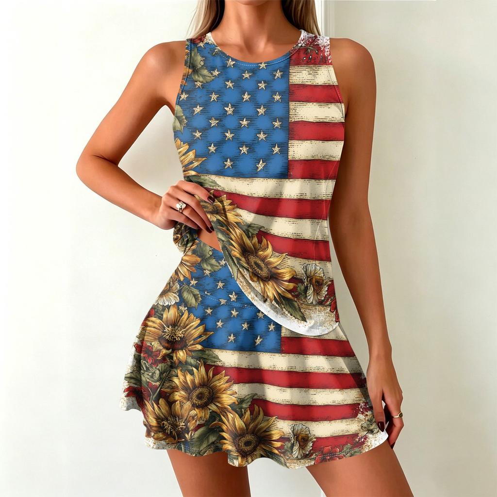 Sleeveless Tank Dress with Flag and Sunflower Print Casual Fit Flared Hem Lightweight Soft Fabric Summer Wear for Women Juniors