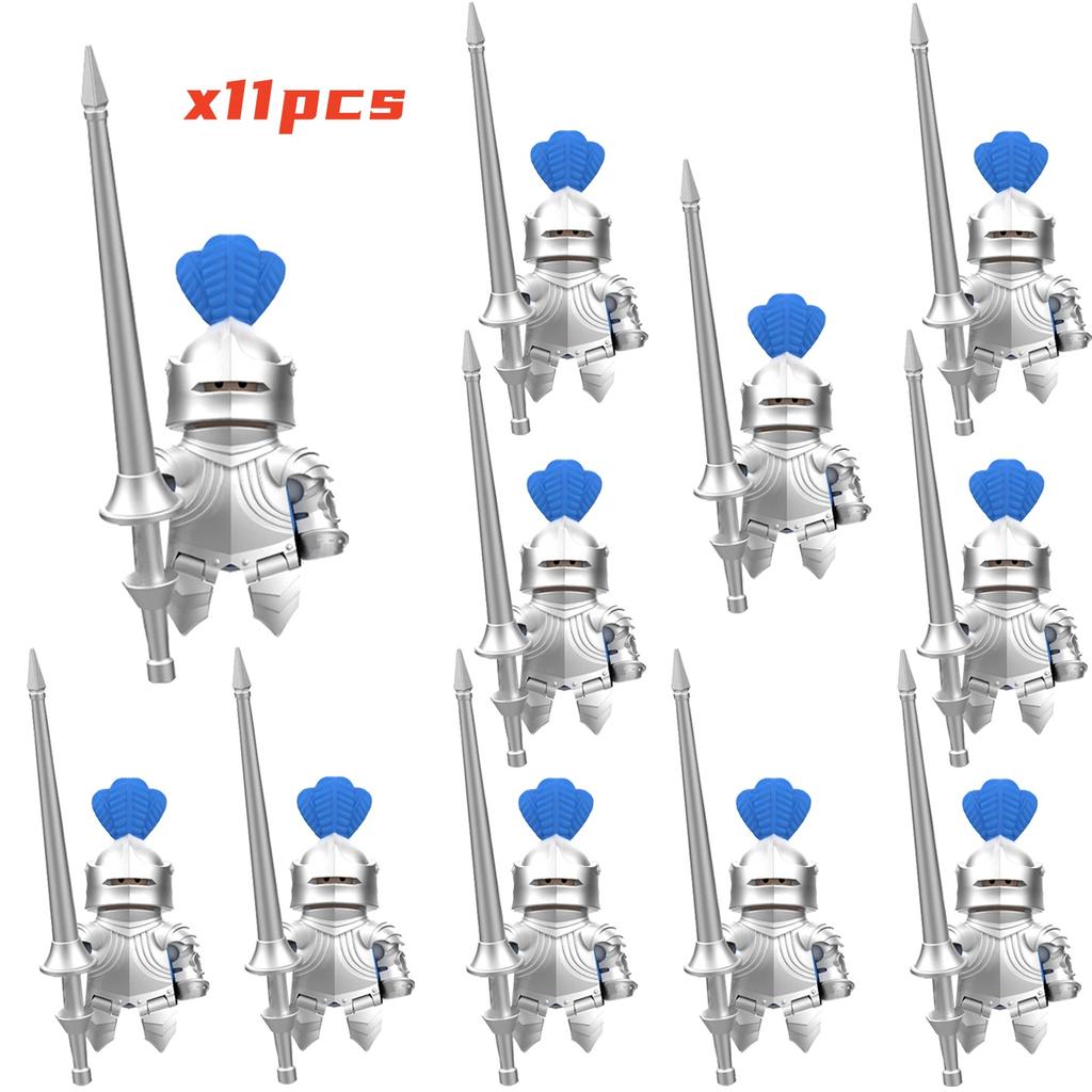 11 buc Figurine Cavaler Medieval Gotic Armură Aurită Blazon Codificat Sulițe Design Detaliat + Sulițe Interșanjabile Bloc de Construcție