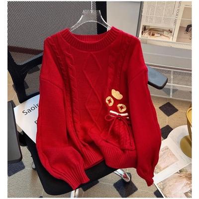 Rundhals-Zopfstrickpullover für Damen im Herbst- und Winterdesign Roter Pullover mit Goldbarren-Stickerei