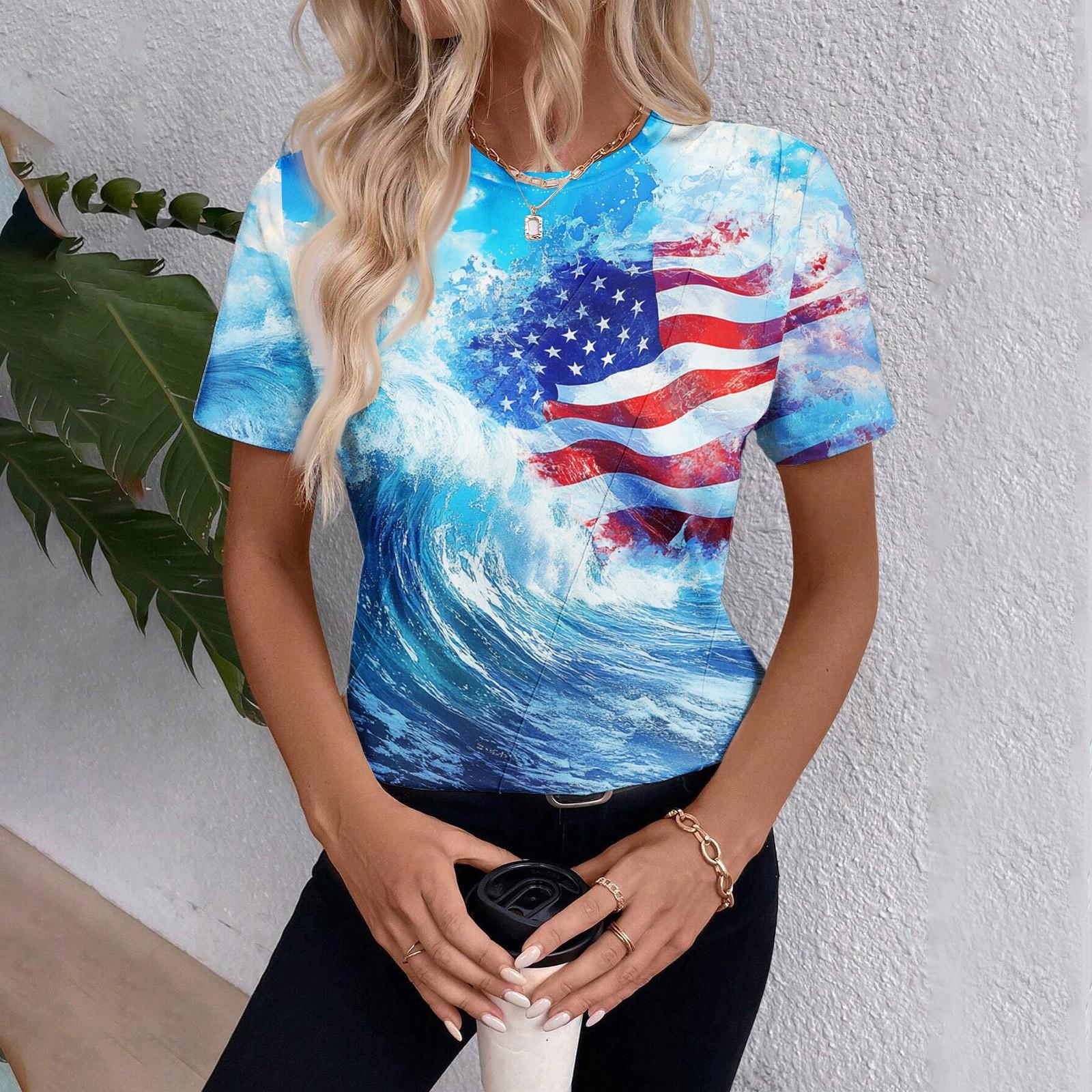 

Women s Short Sleeve Independence Day Print Top S синій