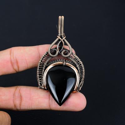 Beautiful Black Onyx Gemstone Handmade Jewelry Pure Copper Wire Wrapped Pendant
