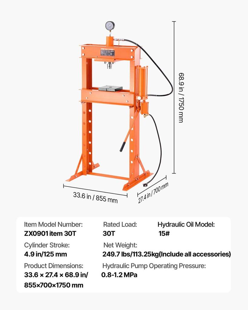 30 T Hydraulic Shop Press Hydraulic Press with Press Plate for Bending