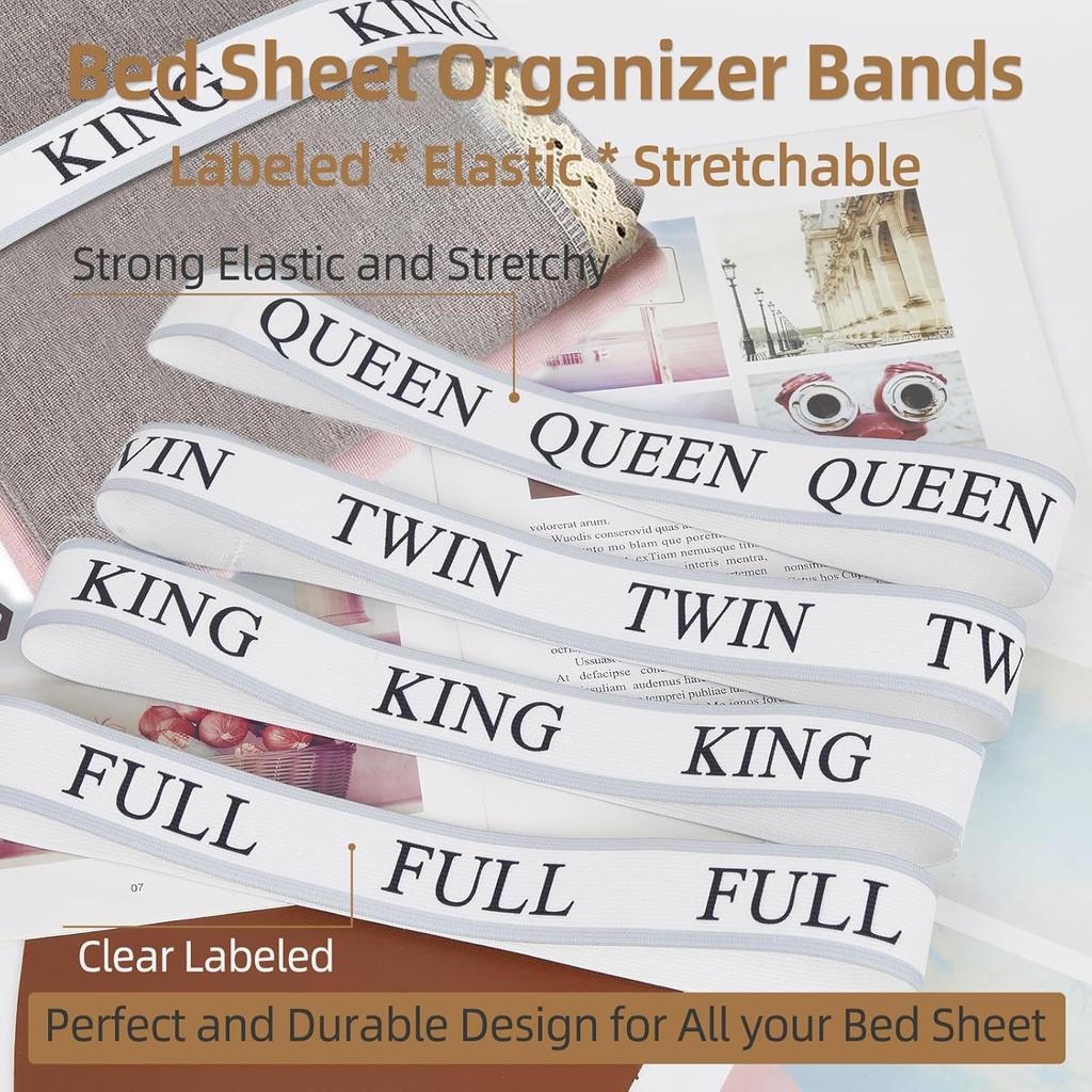 Bed Sheet Organizer Bands,Sheet Organizer and Storage for Linen Closet -Bed Sheet Bands for Organizing-Sheet Labels for Bedding,Elastic Bands for
