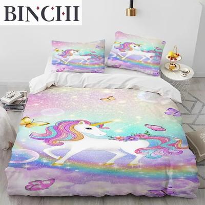 Einhorn Niedlich Cartoon Bettdecke Bettwäsche Set,Bettbezug Bett Set Bettdeckenbezug Kissenbezug,Queen Bettwäsche Set