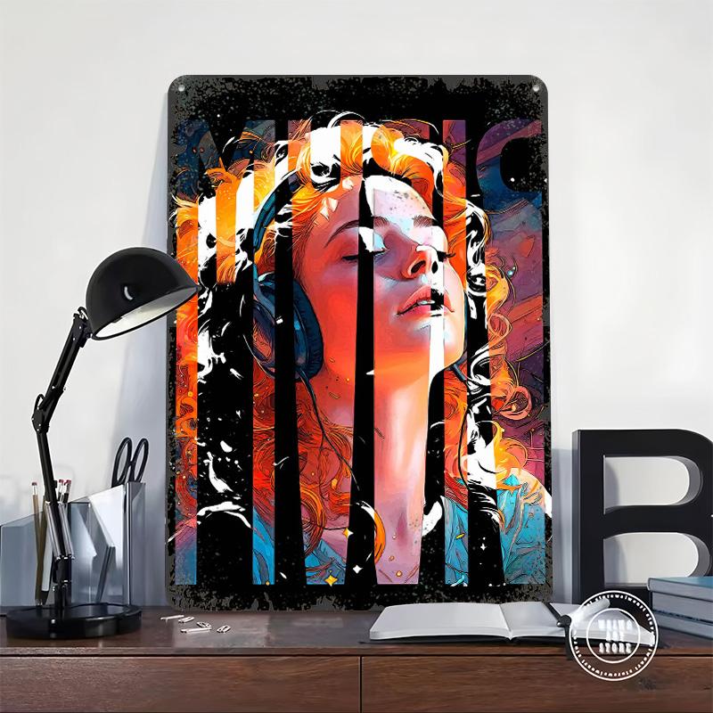 Woman Listening to Music Metal Poster Customized Wall Art Retro Vintage Tinplate Signs for Living Room Decorations Man Cave Home