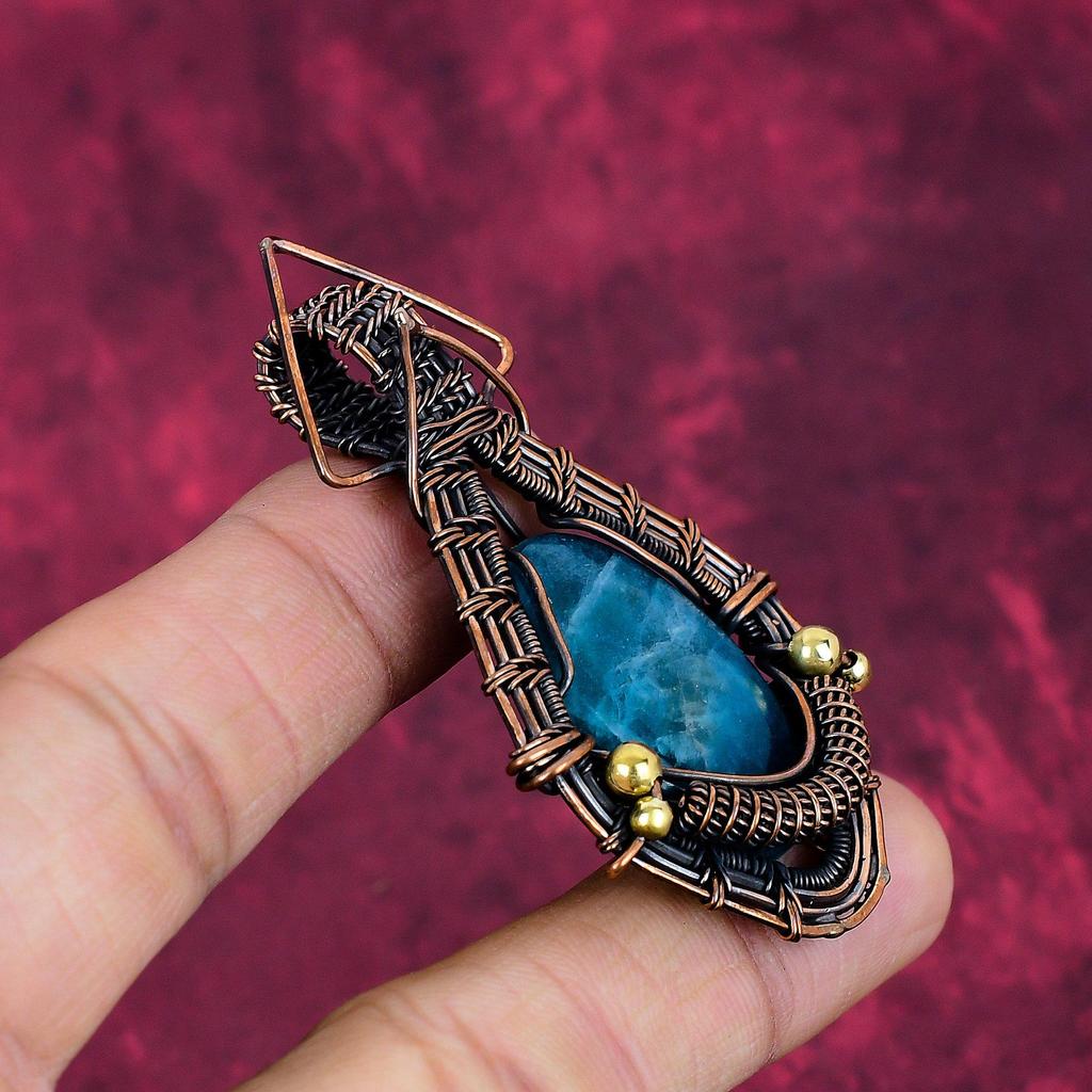 Neon Apatite Gemstone Pendant Handmade Pendant Copper Wire Wrapped Unique Jewelry
