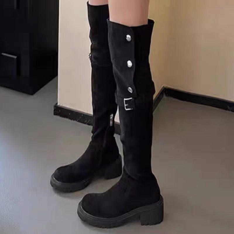 Maillard wears two folded boots, thick-soled over-the-knee boots, and women's autumn and winter small tall boots.