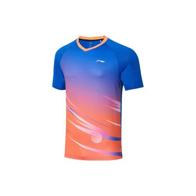 Li Ning Logo V-Neck Quick-Dry Short Sleeve Regular T-Shirt Unisex T-Shirts Bright-Blue Fluorescent-Orange AAYT031-2