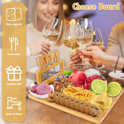 Bamboo Cheese Board Set Removable Rectangular Charcuterie Board Large Capacity Cheese Tray Platter With Removable Cutter Holder
