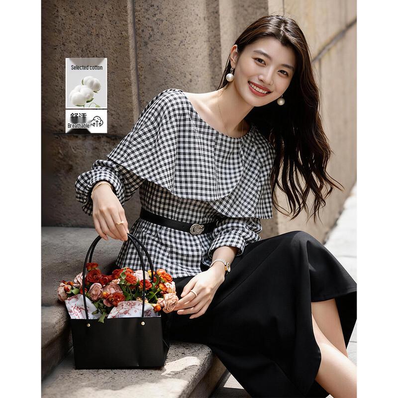 Demana Cloud Soft Blend Off-Shoulder Ruffle Plaid Blouse XL