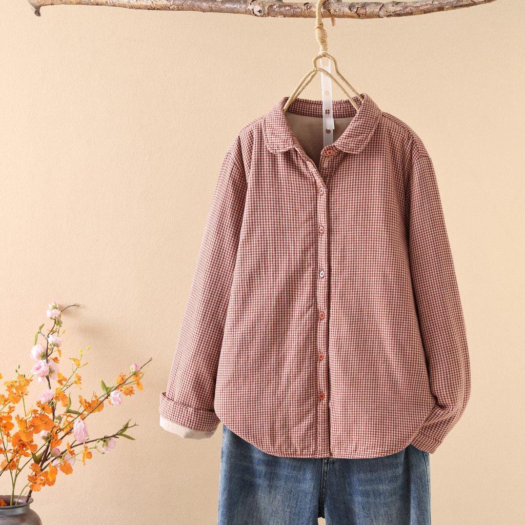 Women's Quilted Plaid Long-Sleeve Cotton Shirt with Doll Collar - Fall/Winter Collection