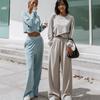 Women Solid Color Long Sleeve O Neck Hoodies Suit Autumn Winter Loose Top Wide Leg Pants