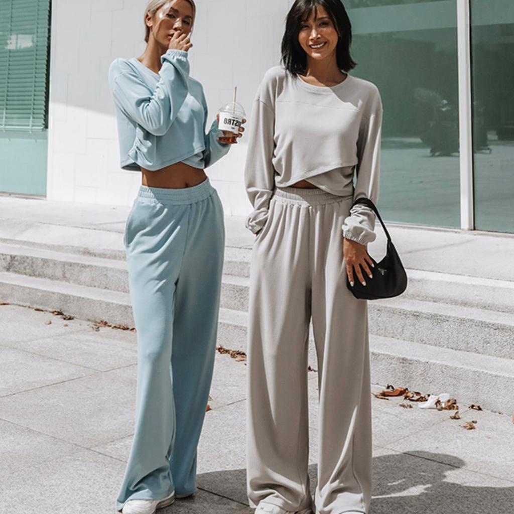 Women Solid Color Long Sleeve O Neck Hoodies Suit Autumn Winter Loose Top Wide Leg Pants