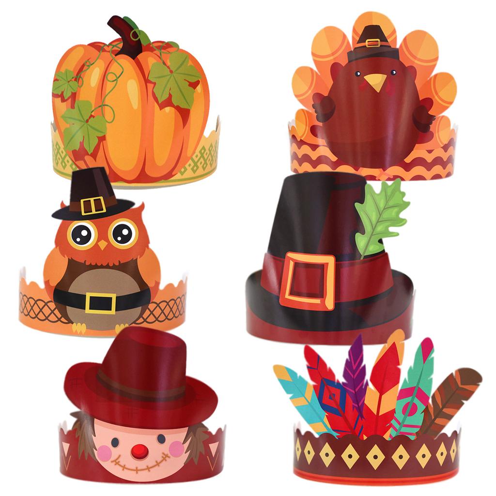 6-Piece Thanksgiving Themed Party Decoration Turkey Pumpkin Crown Hat Harvest Festival Party Supplies
