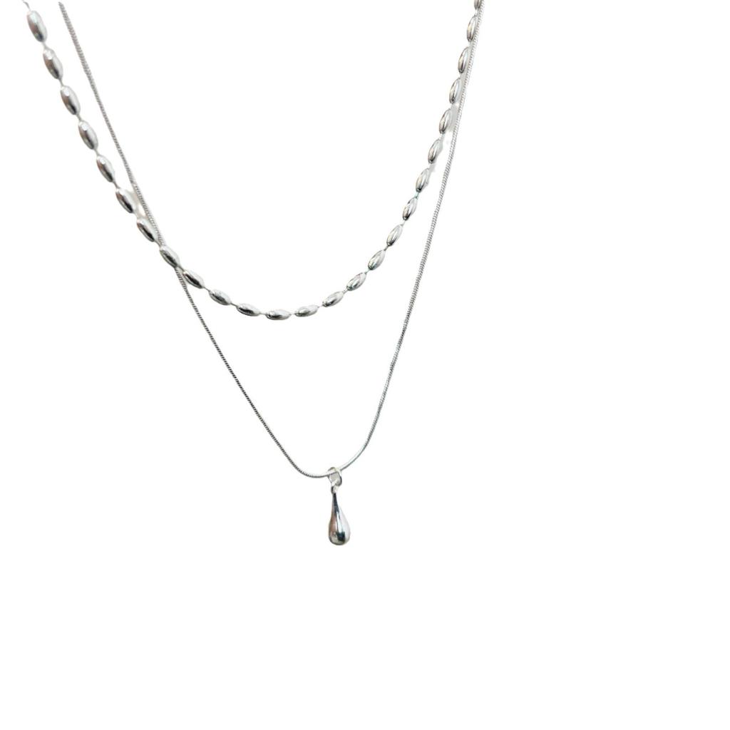Cold Wind Double-layer Small Rice Grain Water Drop Necklace Women's 2024 New Simple Stacked Collarbone Chain Simple Neck Chain Accessories