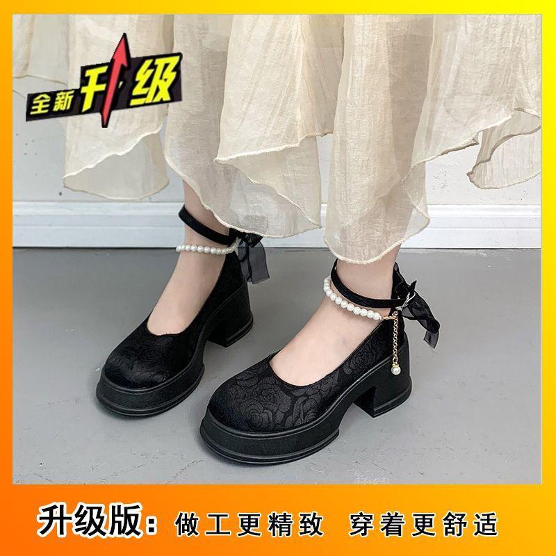 French high heels women's 2025 spring new embroidery printing round head shallow mouth women's shoes single shoes mesh bow