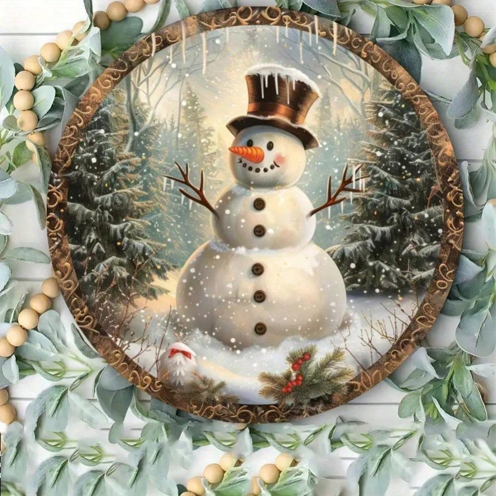 Retro Snowman Round Tin Sign 20x20cm Winter Xmas Wall Decor Home Cafe