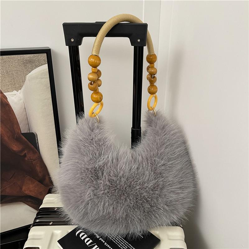 Winter Unique Plush Shoulder Bags for Women Large Capacity Ladies Beaded Design Handbags Solid Color Girls Faux Fur Hobos Bag