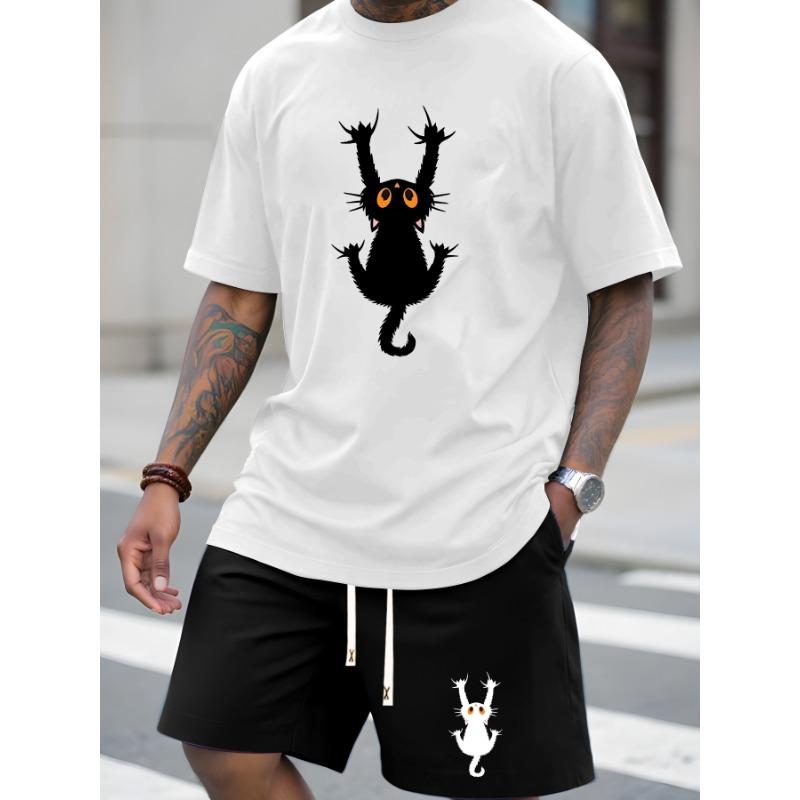European Size Men's Summer T-Shirt , Cat Print Design, Versatile Outfit, Casual Short Sleeve Top Trendy Leisure Sportswear