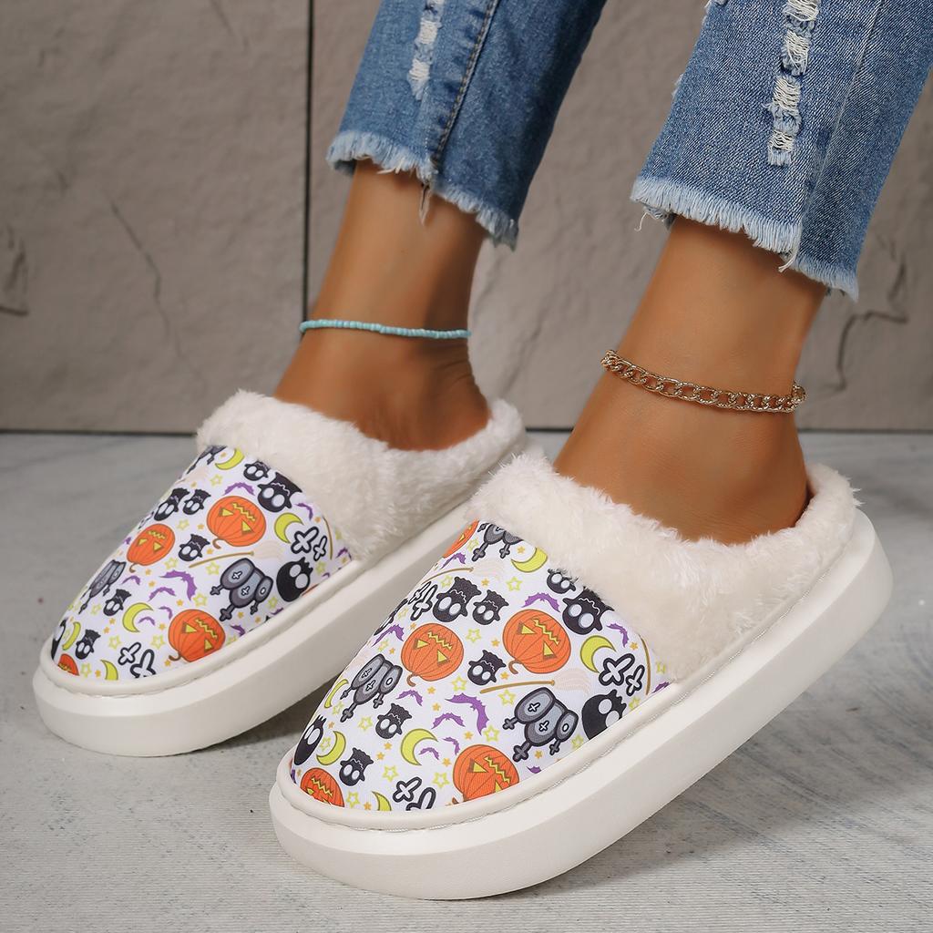 2024 New Halloween Pumpkin Skull Pattern Printed Strap Comfortable Home Cotton Shoes