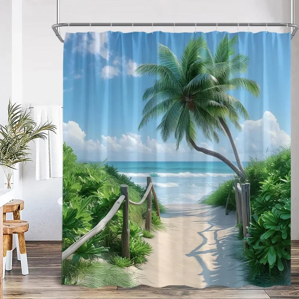 Moderní Krása Plážová Krajina Sprchový Závěs Letní Dovolená Plážová Krajina Plachtění Koupelnová Dekorace Sprchový Závěs