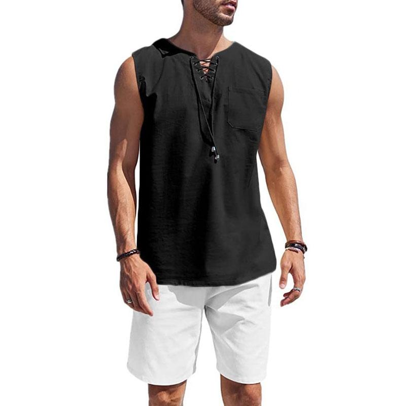 Herren-Westenset aus Baumwolle und Leinen, einfarbig, leicht, atmungsaktiv, V-Ausschnitt, Kordelzug-Design, Sets für Urlaub und Strand, gemütliche Anzüge