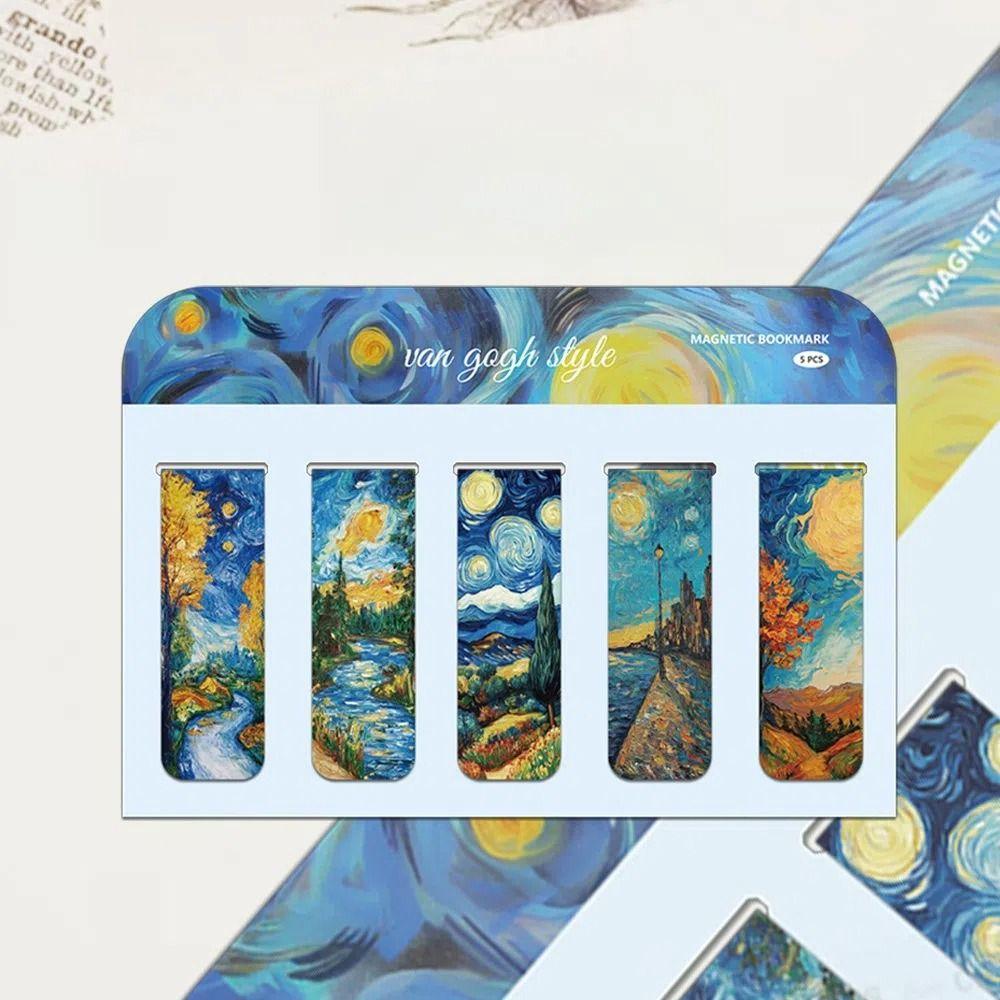 5pcs Set Oil Painting Style Book Page Marker Magnetic Note Page Holder for Students