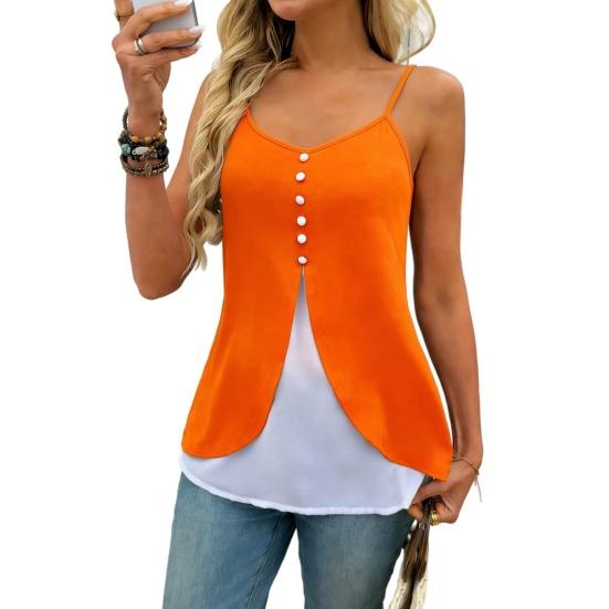 

Women Tops V Neck Sleeveless Soft Stretchy Sling T-Shirt Buttons Decor Fake Two-Piece Design Mid-length Tee Shirt Daily Wear L оранжевый