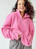 Trendy Pink Lambswool Stand-up Collar Sweatshirt - Loose Fit, Long Sleeve, Versatile for Autumn/Winter Fashion.
