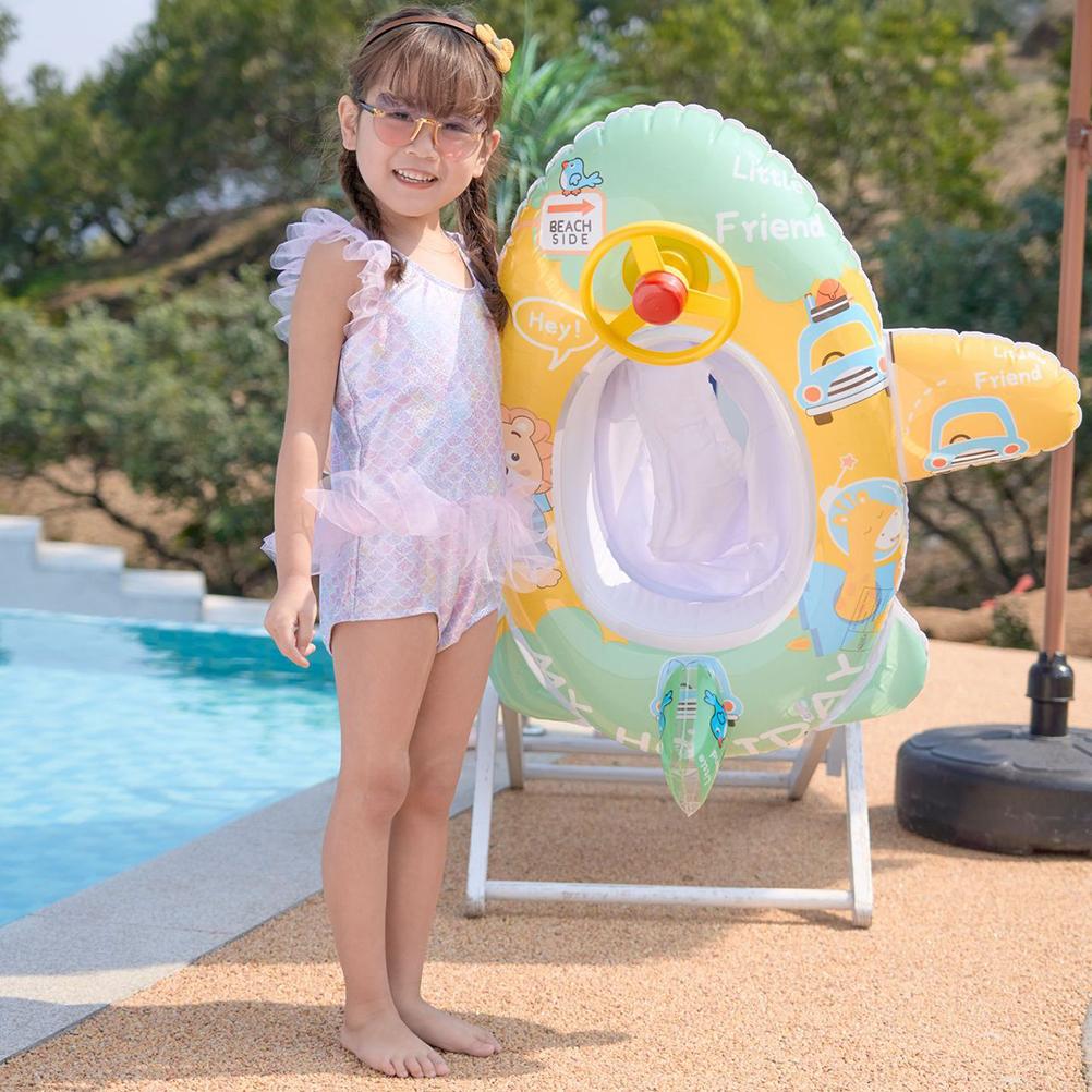 Baby Pool Float with Safety Seat Steering Wheel Cartoon Airplane Shaped Inflatable Swimming Ring for Kids Pool Swim