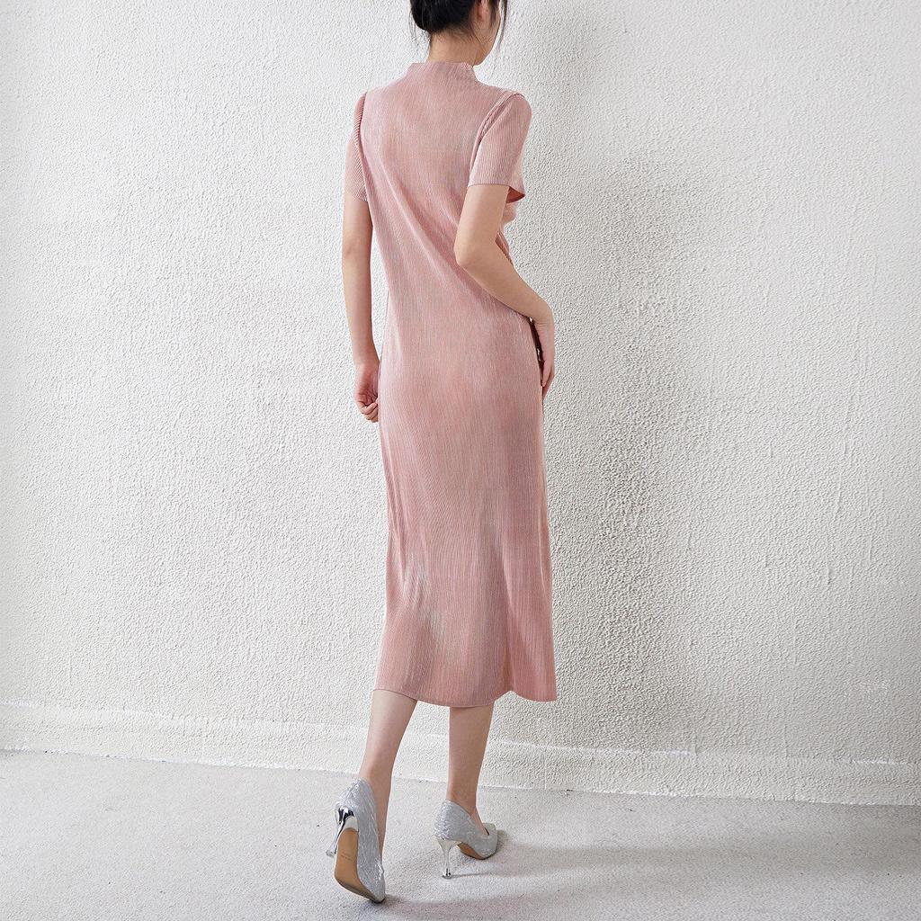 New Chinese Style Cheongsam Dress: Women's Pleated Summer A-Line, French-Inspired, Waist-Slimming Long Dress